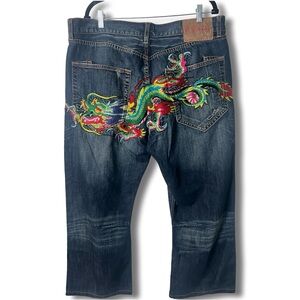 Ed Hardy Vintage Mens Tattoo Dragon Embroidered Denim Jeans 2008 Y2K Sz 40x32